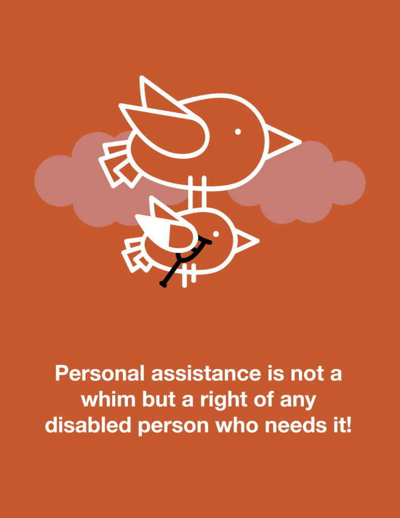 The image show an illustration of two birds, one carrying another while flying. The text below says: Personal assistance is not a whim but a right of any disabled person who needs it!
